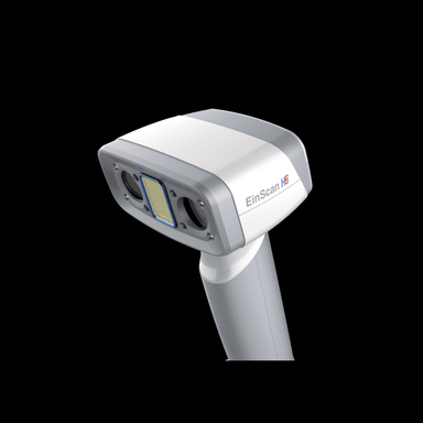 shining 3d einscan h2 scanner close up from a front right angle with a black background