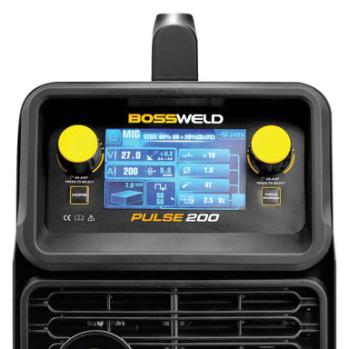 close up view of the bossweld buddy pulse 200 inverter welder control panel with a light blue digital lcd screen