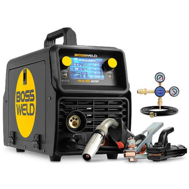 bossweld buddy pulse 200 welder from front left side view with torch, clamp, holder, regulator and hose in lower right corner