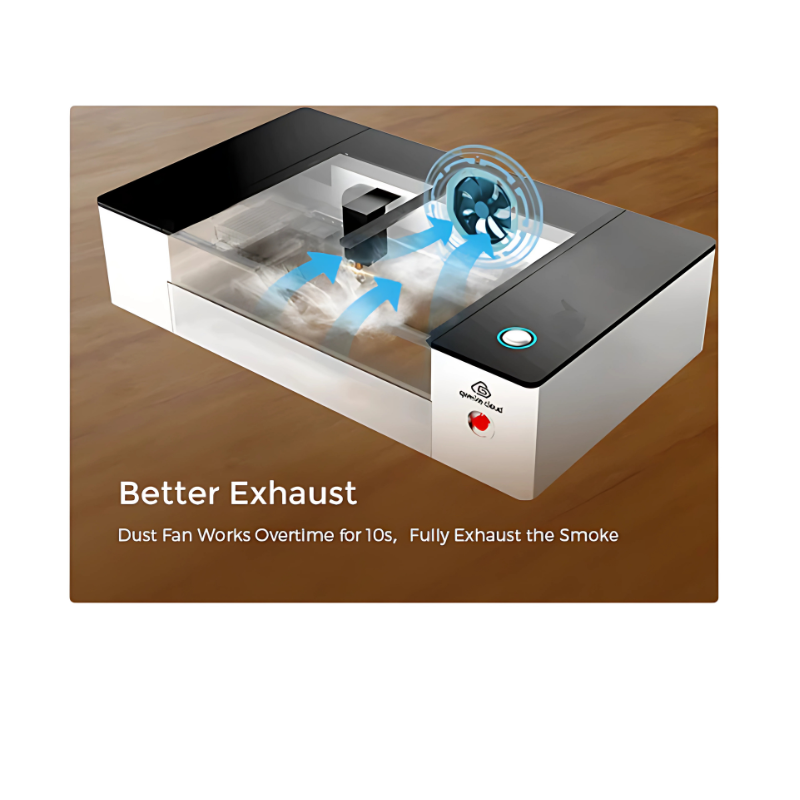 gweike cloud CO2 laser cutter and engraver showing exhaust fan and airflow direction with exhaust feature indicated in lower left corner