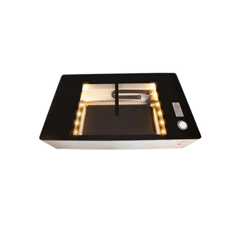 gweike cloud CO2 laser cutter and engraver in warm light mode from a high angle view