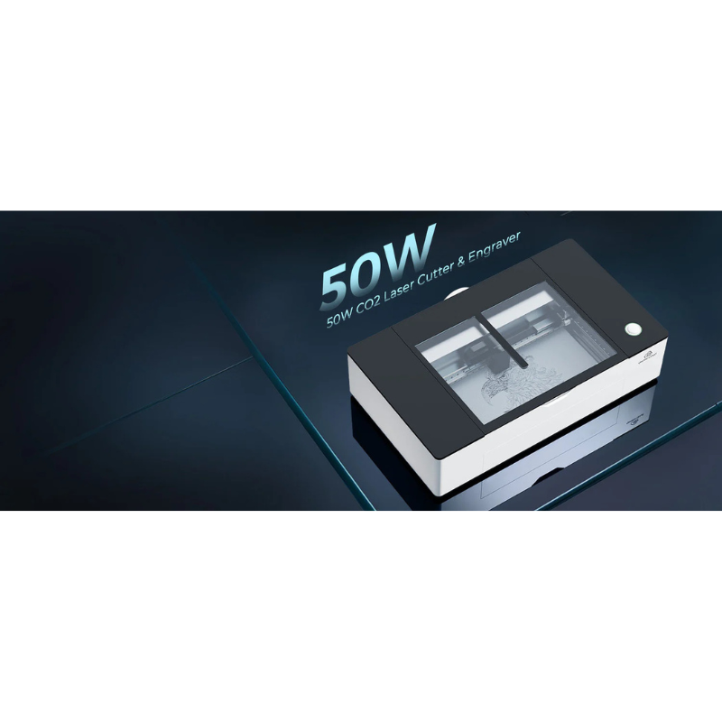 gweike cloud 50 watt CO2 laser cutter and engraver from top left side view on a dark blue background
