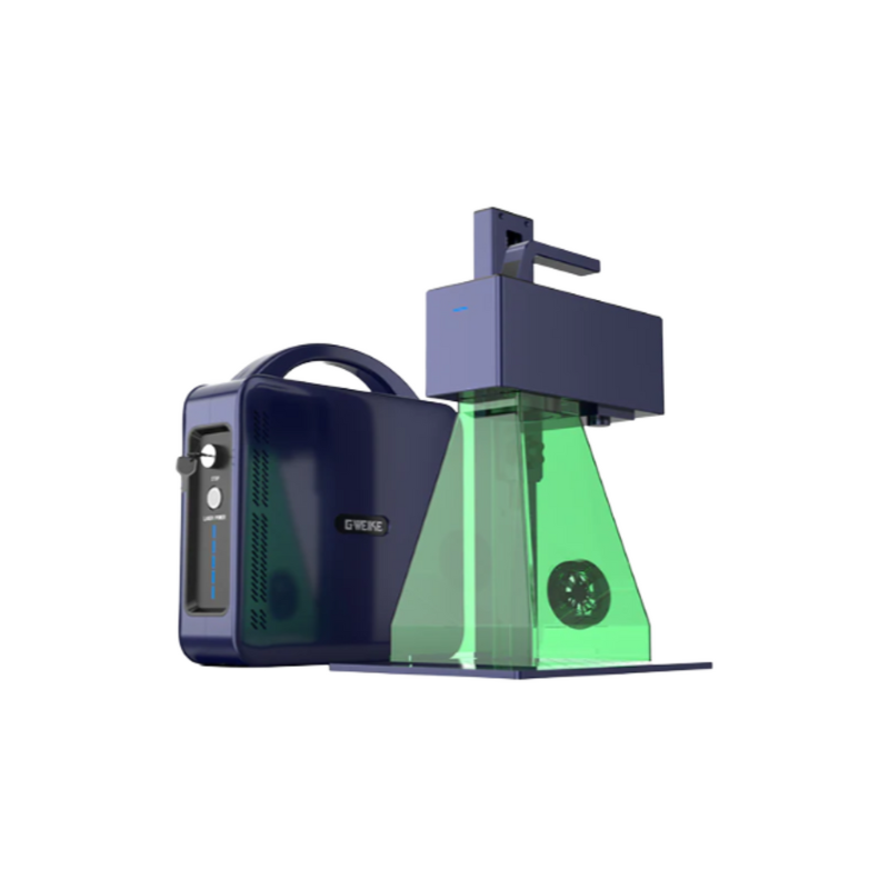 gweike g2 fibre laser engraver with safety shield from front right side view on a white background