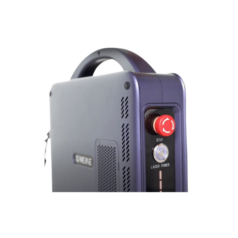 close up view of the switch and emergency stop button on the gweike g2 fibre laser source