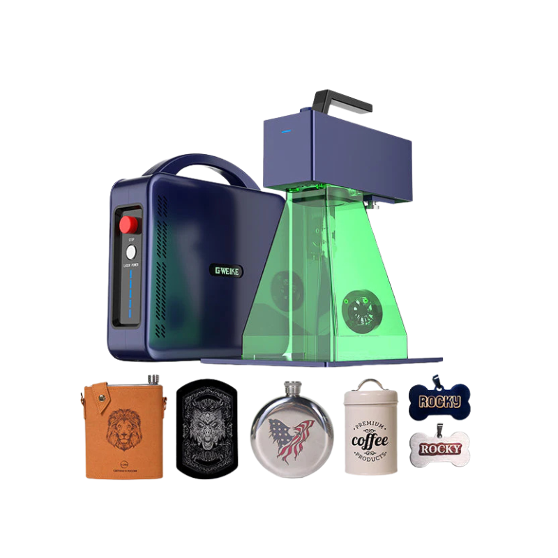 gweike g2 max fibre laser engraver positioned above various engraved materials