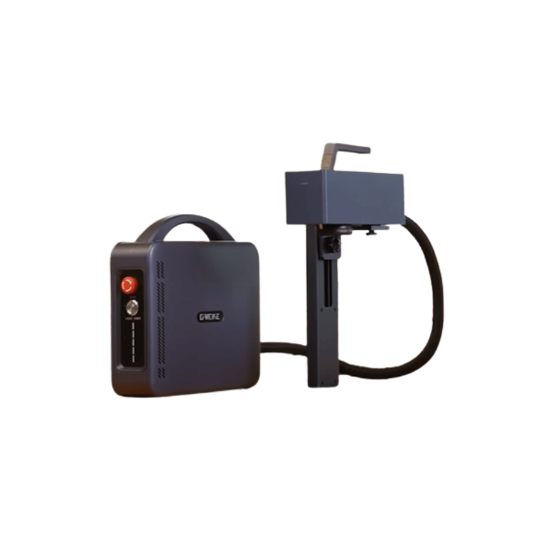 gweike pro fibre laser head without workbench connected to laser source on the left by a black cable