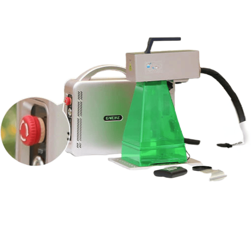 gweike g2 pro fibre laser head with safety shield connected to the laser source featuring a stop rotary dial