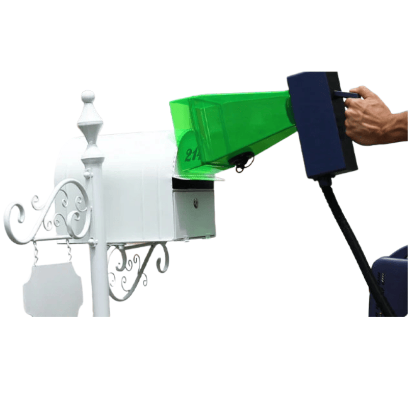 handheld gweike g2 pro fibre laser engraving a white metal mailbox
