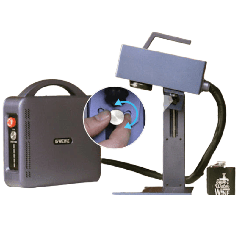 gweike g2 pro fibre laser head with adjustable knob connected to the laser source on the left by a black cable