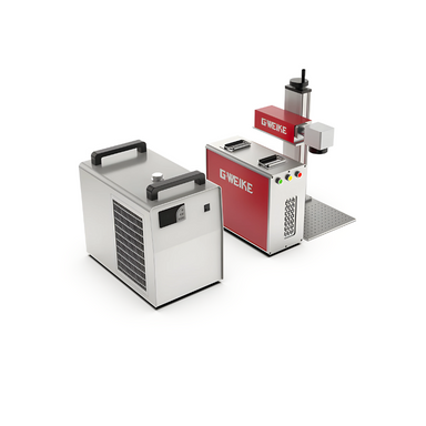 gweike g7 uv laser engraver and source with water chiller on a white background from front left side view