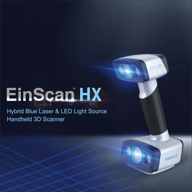 shining 3d einscan hx scanner on right side from a front right angle view with the product title to the left with a dark blue background