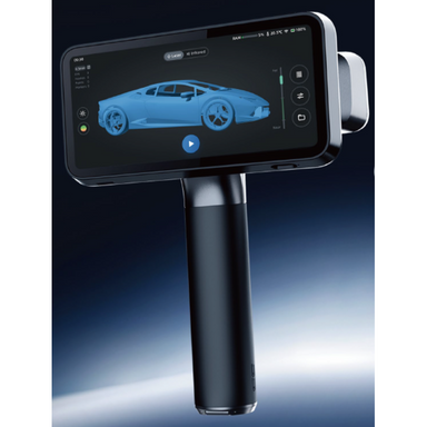 close up view of shining 3d einscan rigil wireless laser scanner with rectangular screen displaying light blue sports car model