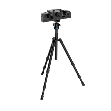 shining 3d transcan c scanner mounted on tripod from front left side view with camera positioned in larger outer perspective