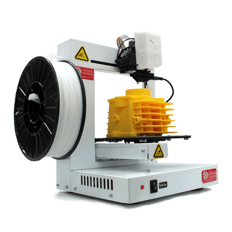 tiertime up plus 2 3d printer from a front left side view showing a yellow 3d printed object on the platform