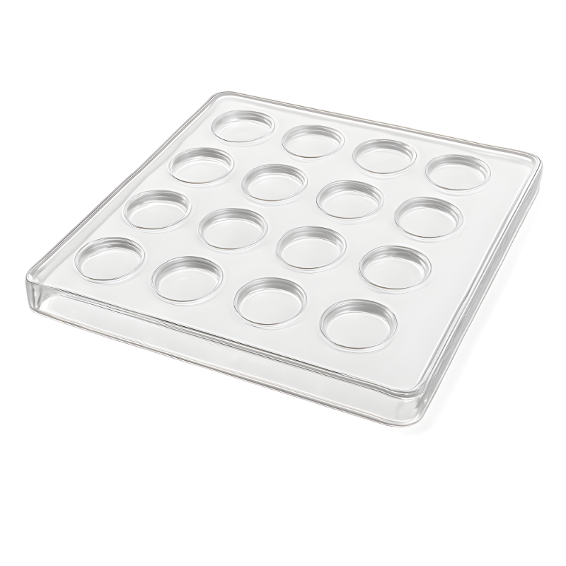 clear circle mould made of vaquform polyethylene terephthalate glycol sheets on a white background