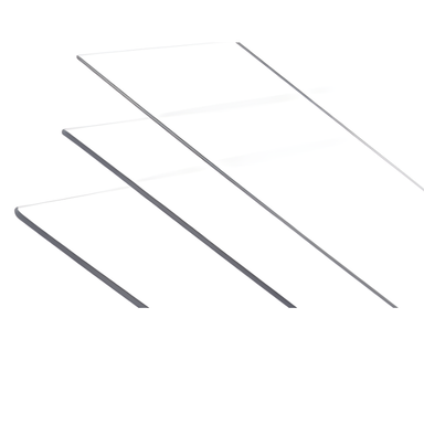 stack of clear 1.0 millimetre vaquform polyethylene terephthalate glycol sheets with edges from left side view against a white background