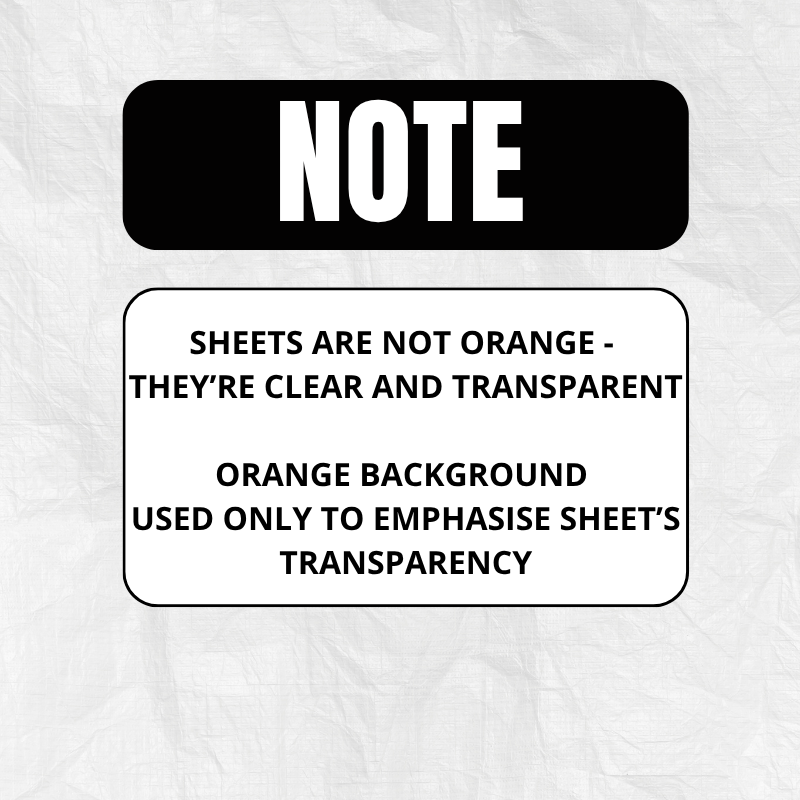 note about transparency of clear vaquform polyethylene terephthalate glycol sheets with an orange background for emphasis