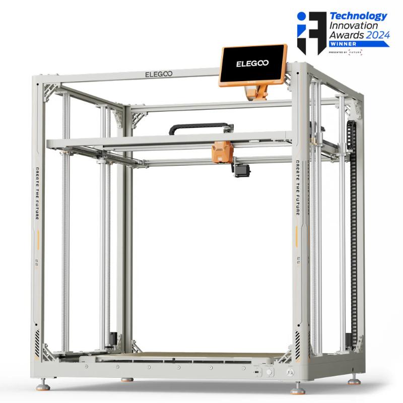 elegoo orangestorm giga 3d printer with the award winner badge from the front right view