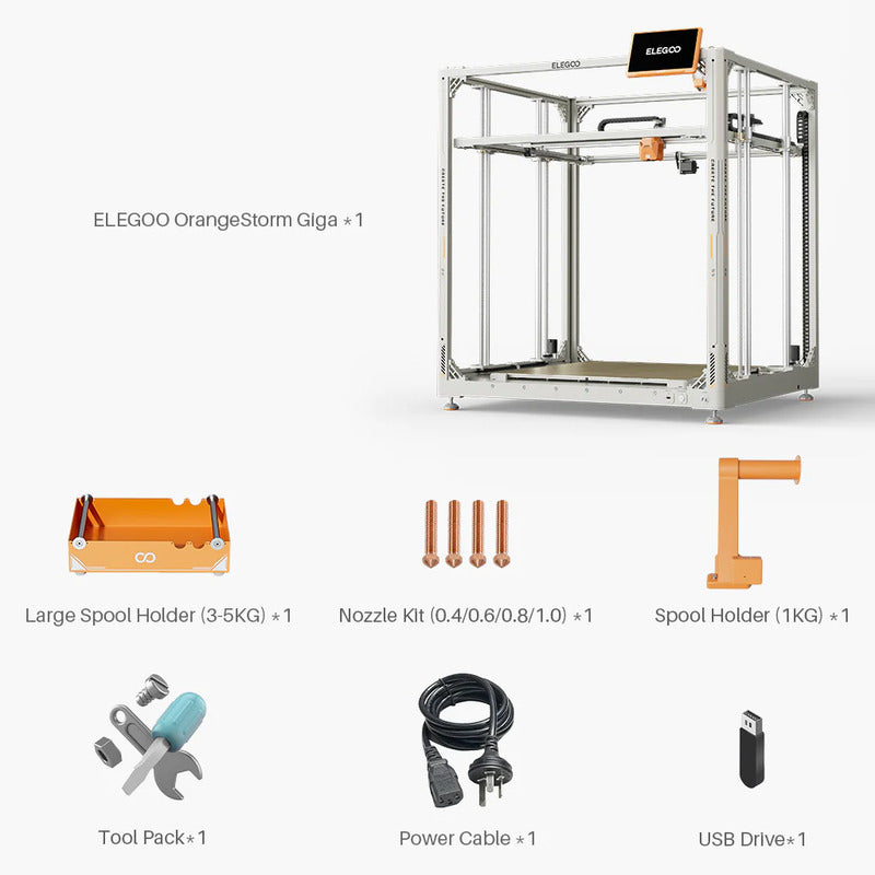 elegoo orangestorm giga 3d printer alongside the content included