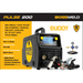 buddy pulse 200 in the centre with torch, clamp, holder, regulator and hose in lower right corner and list of materials and specifications on the left