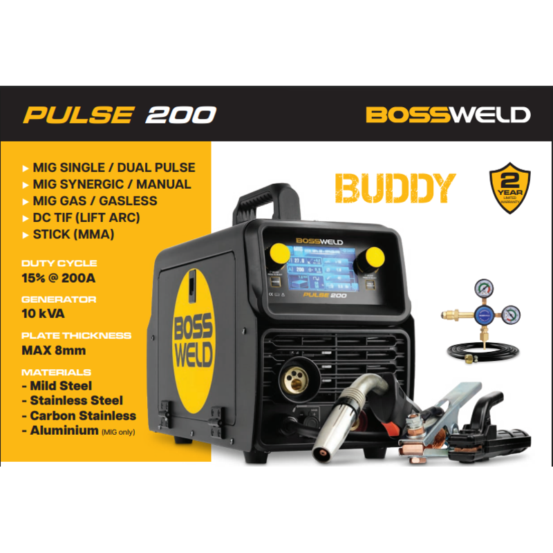 buddy pulse 200 in the centre with torch, clamp, holder, regulator and hose in lower right corner and list of materials and specifications on the left