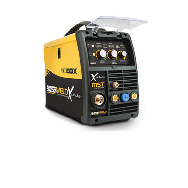 bossweld mst 188x inverter welder from front left side view with a clear plastic cover over the control panel