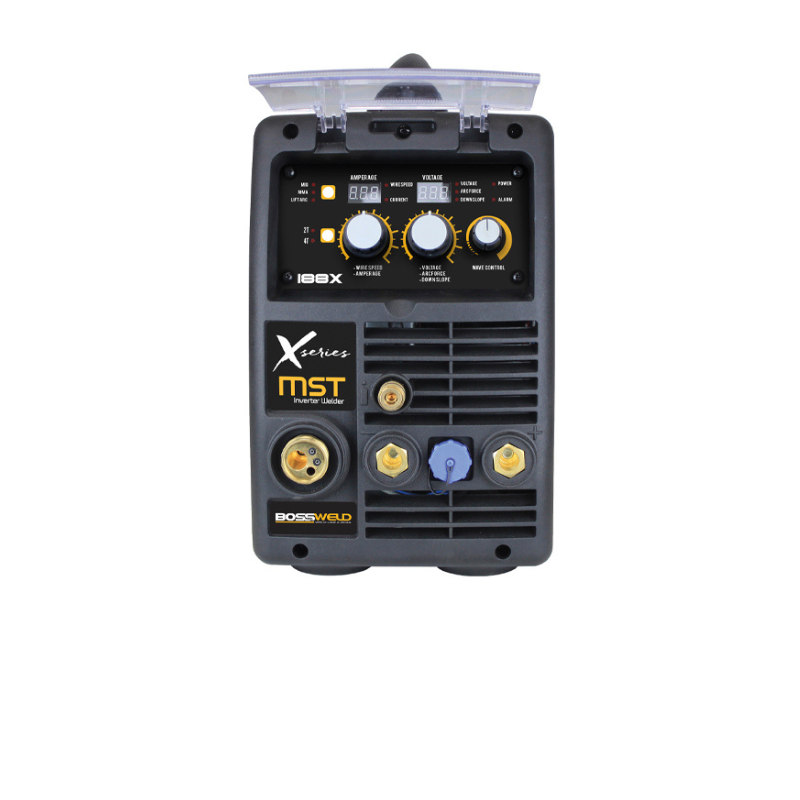 bossweld mst 188x inverter welder with a clear plastic cover over the control panel from front view on a white background