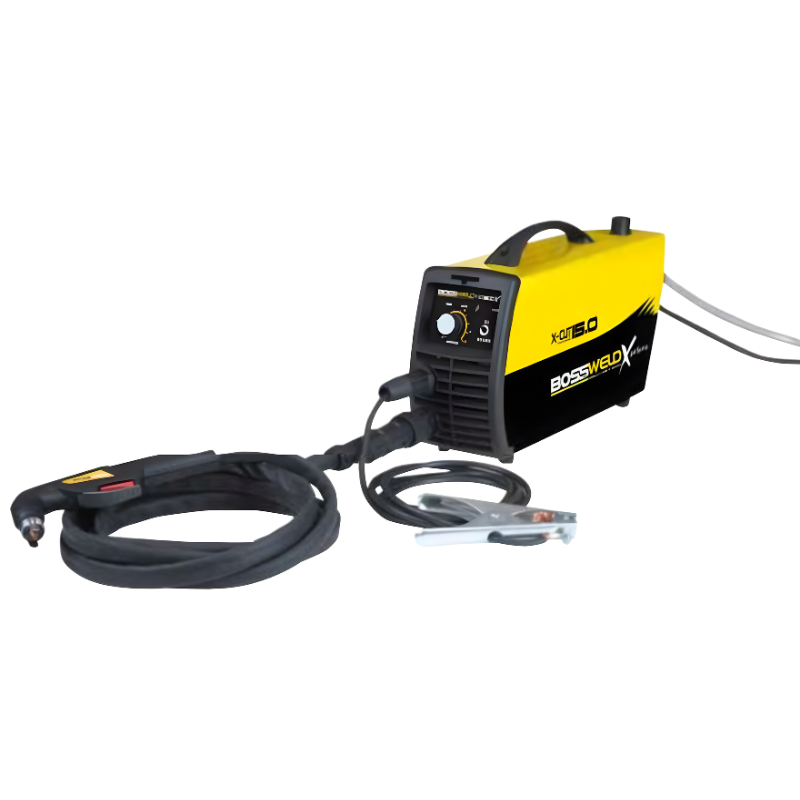 top right view of bossweld x-cut 15.0 plasma cutter with torch and earth lead