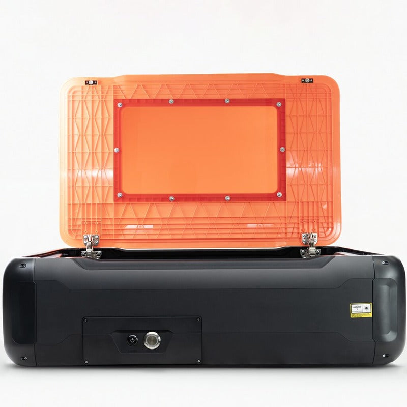emblaser pro 60 watt laser cutter with open top cover from front view