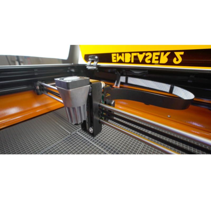 close up view of laser unit assembly on the emblaser 2 10 watt laser cutter and engraver