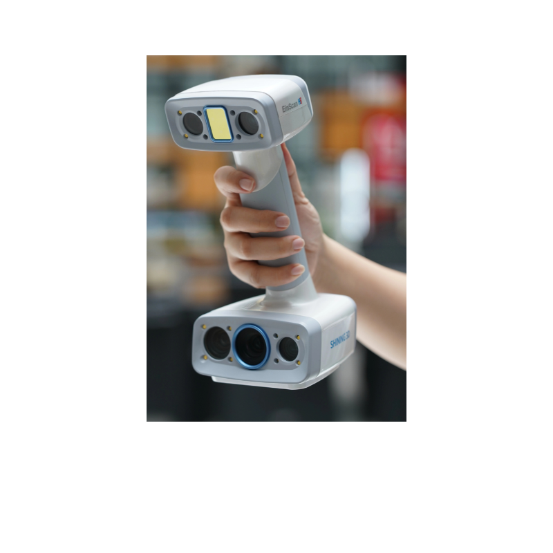 hand holding shining 3d einscan h2 scanner from front right side view with a blurred background