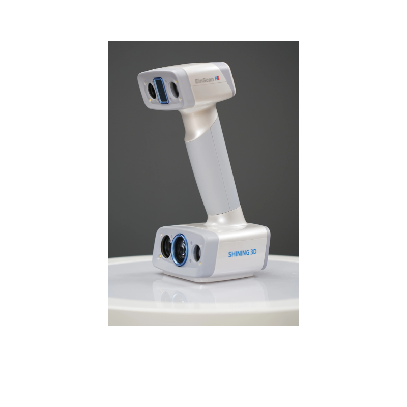 shining 3d einscan h2 scanner on a white table with a grey background from front right side view 