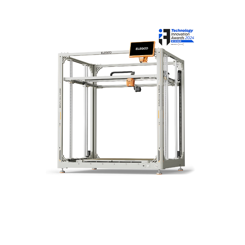 elegoo orangestorm giga 3d printer with the award winner badge from the front right view