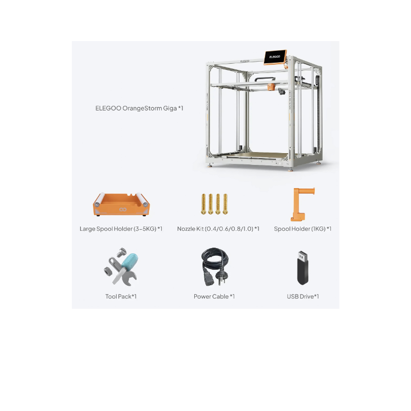 elegoo orangestorm giga 3d printer alongside the content included