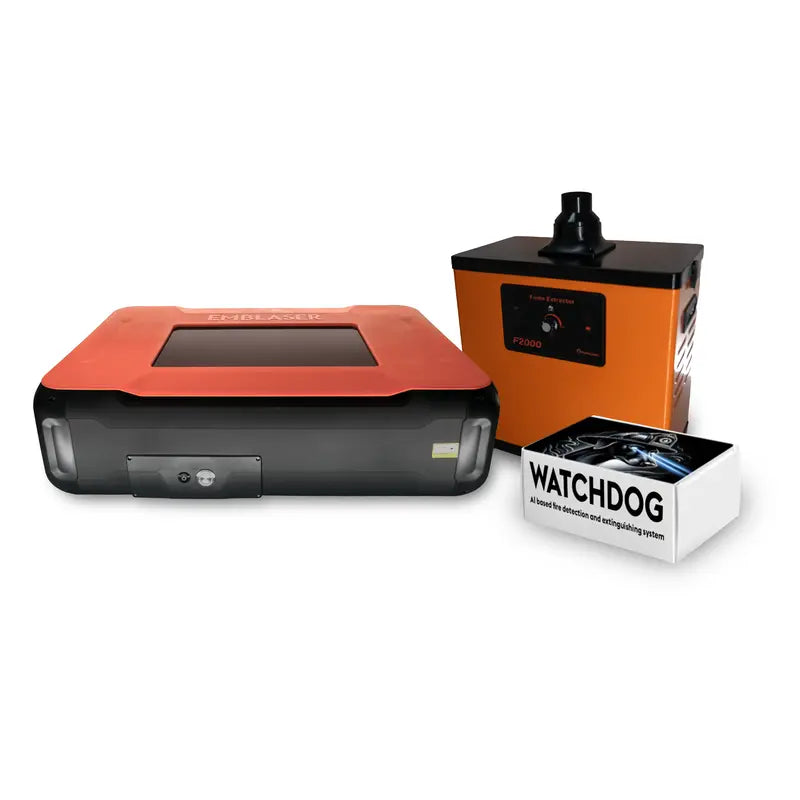 high angle view of emblaser pro 60 watt laser cutter with fume extractor and watchdog box on the right