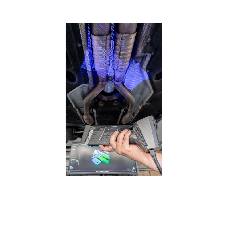 freescan trio laser 3d scanner held horizontally and pointed upward scanning bottom of car with blue grid lines