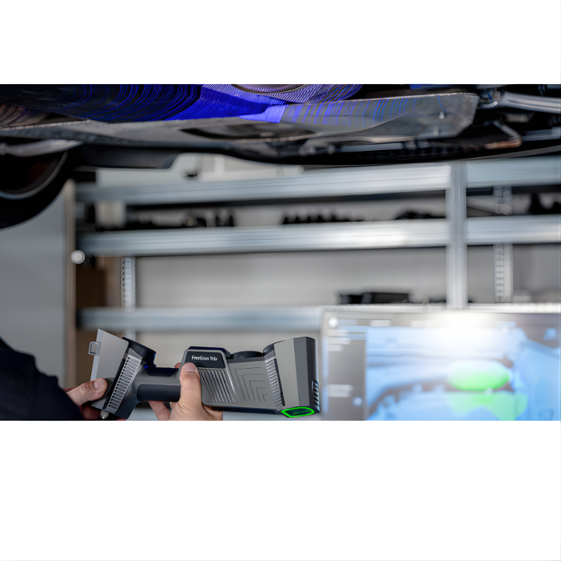 freescan trio laser 3d scanner held horizontally and pointed upward scanning bottom of car