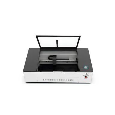 high angle view of gweike cloud 38 watts rf laser cutter engraver with open lid