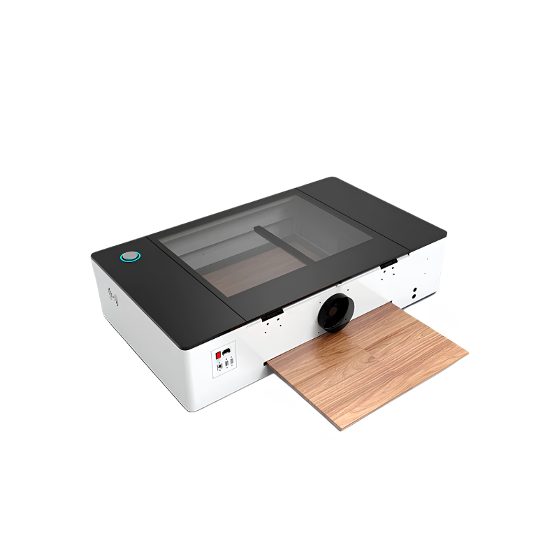 top left view of gweike cloud 38 watts rf laser cutter engraver with wood on feed tray