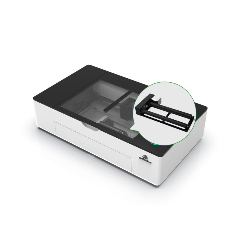 gweike cloud CO2 laser cutter and engraver showing rotary feature from top right side view 