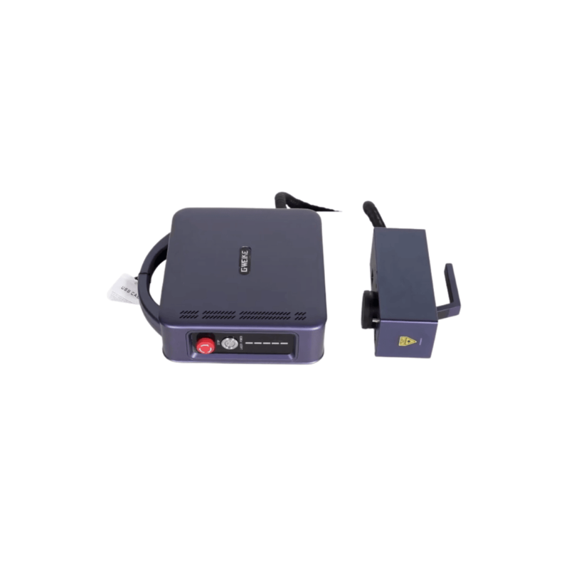 high angle view of gweike g2 fibre laser source and head connected by a dark cable