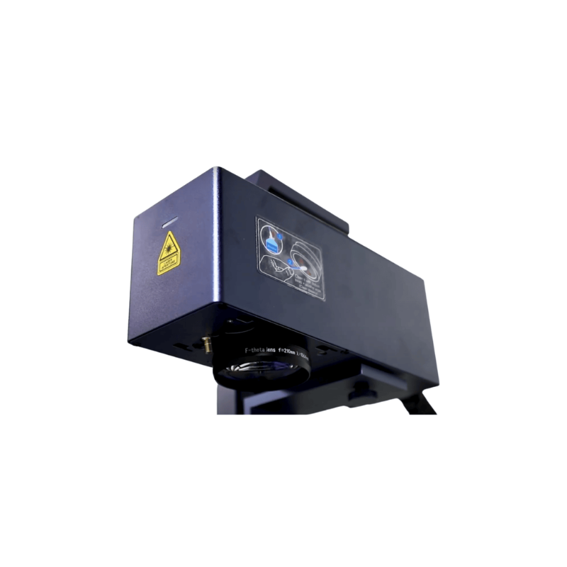 low angle view of gweike g2 fibre laser head featuring a field lens