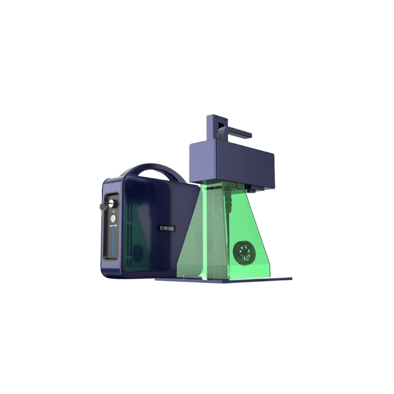 gweike g2 pro fibre laser engraver with safety shield from front right side view on a white background