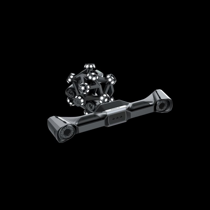 laser scanner from front left angle with tracking scanner behind on a black background