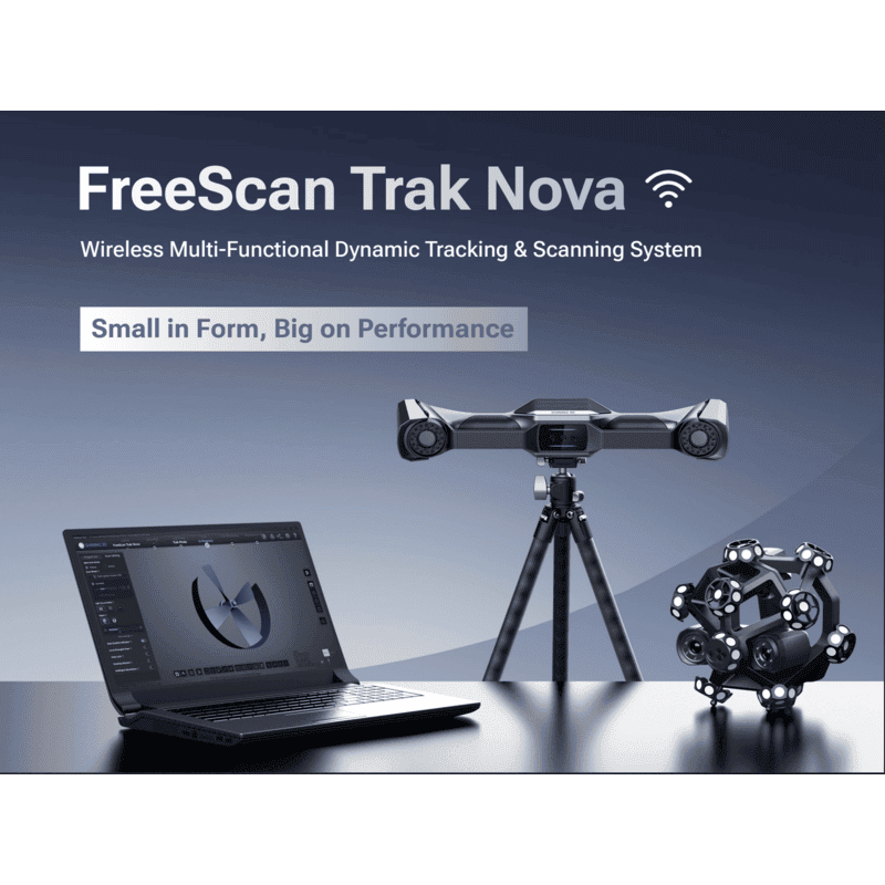 freescan trak nova 3d tracking and scanning system on stand behind table with laptop to the left and laser scanner to the right
