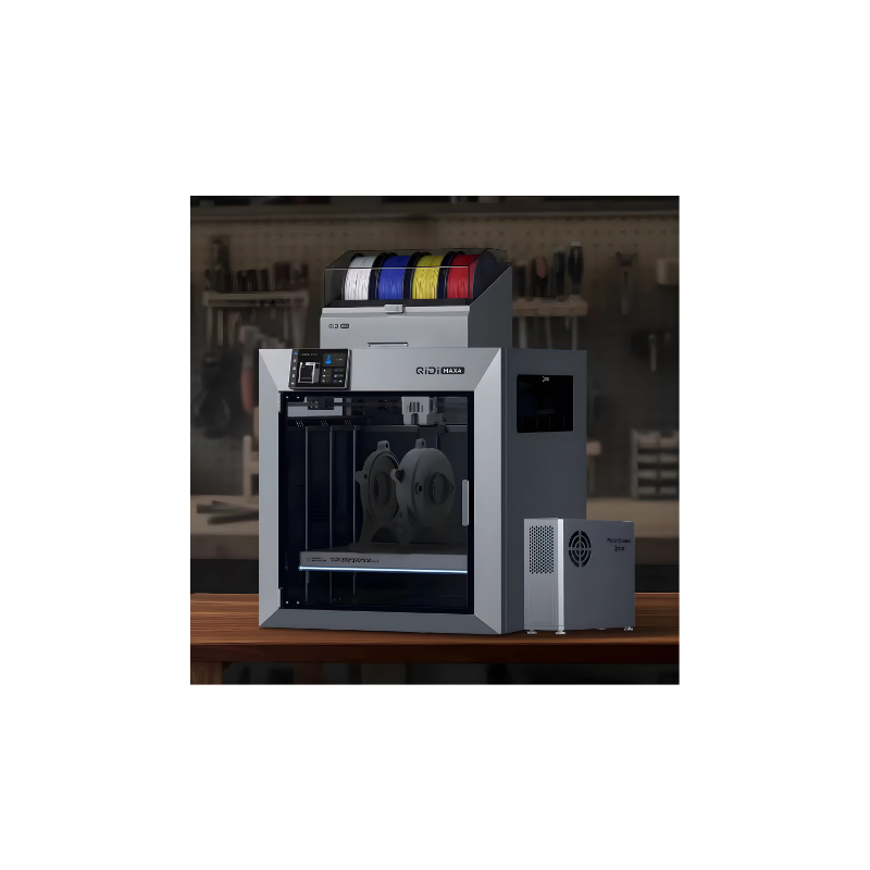 front right view of qidi max4 3d printer with multi-color filament holder in a workshop setting