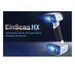 shining 3d einscan hx handheld scanner on right with product title and features on left against blue background