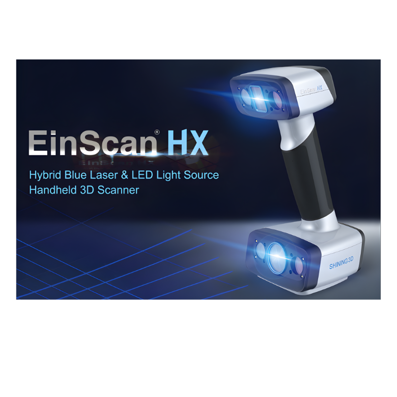 shining 3d einscan hx handheld scanner on right with product title and features on left against blue background