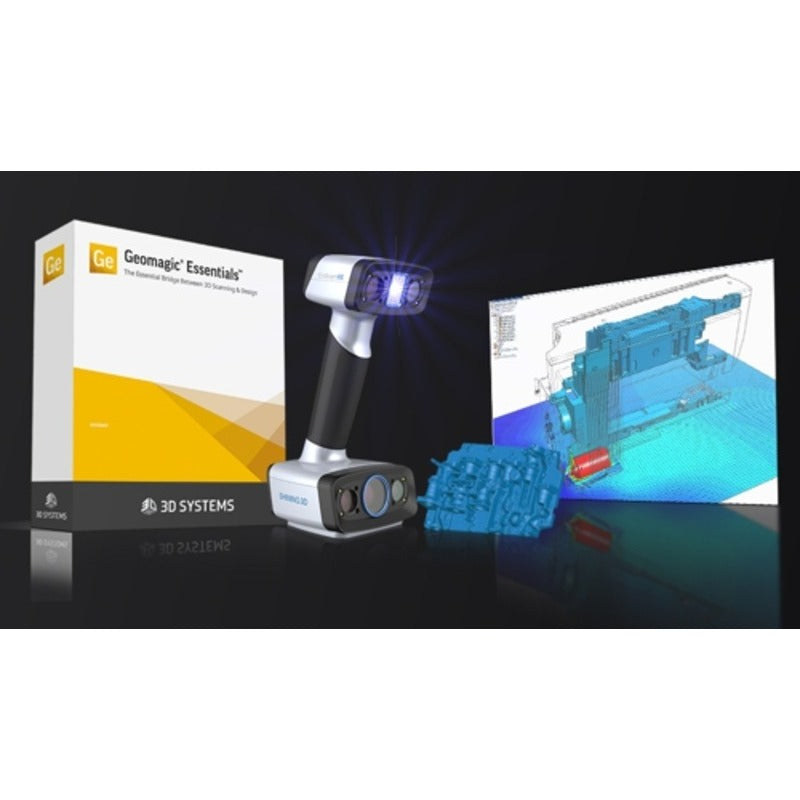 shining 3d einscan hx scanner from front left angle view with a geomagic essentials box to the left and a scanning print example to the right