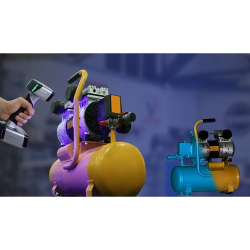 shining 3d einscan hx scanner in use on the left scanning a yellow tank to the right